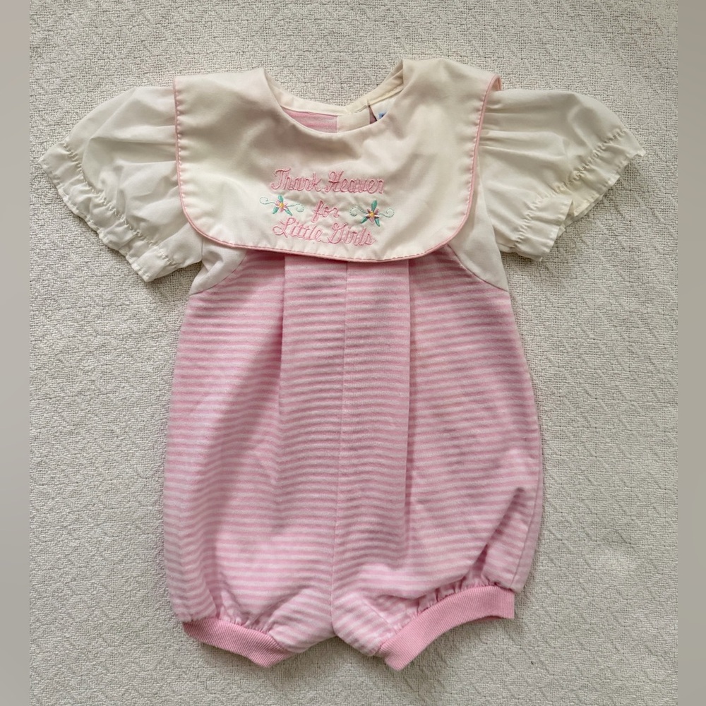 Alexis USA Vintage Striped Bubble Romper with Embroidered Bib and Puff Sleeves